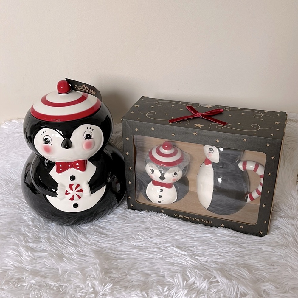 (Set) Johanna Parker Carnival Cottage Penguin Cookie Jar, sugar and creamer